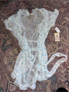 In Bloom Sheer White Polka Dot Chiffon Robe with Light Blue Dots NWT